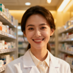 Smiling pharmacist in a pharmacy aisle